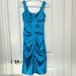 Le Chateau Blue Satin Ruched Midi Dress